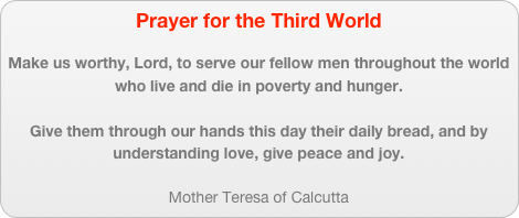 Prayer for the Third World

Make us worthy, Lord, to serve our fellow men throughout the world who live and die in poverty and hunger.

Give them through our hands this day their daily bread, and by understanding love, give peace and joy.

Mother Teresa of Calcutta