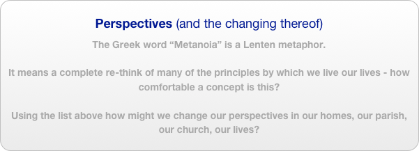 Perspectives (and the changing thereof)
The Greek word “Metanoia” is a Lenten metaphor.

It means a complete re-think of many of the principles by which we live our lives - how comfortable a concept is this?

Using the list above how might we change our perspectives in our homes, our parish, our church, our lives?